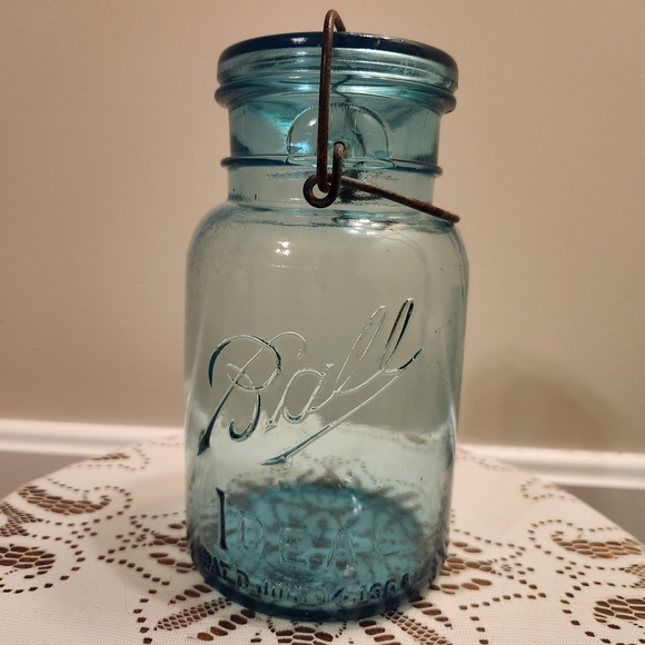 Ball Other - Vintage Ball Ideal Aqua Blue Glass Mason Jar Mold #4 With Lid And Bail